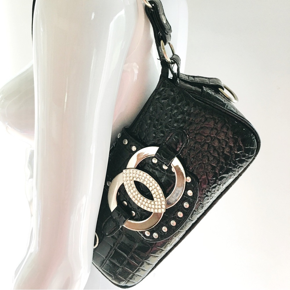 Black Aldo Spring rhinestone embellished faux lizard patent leather handbag